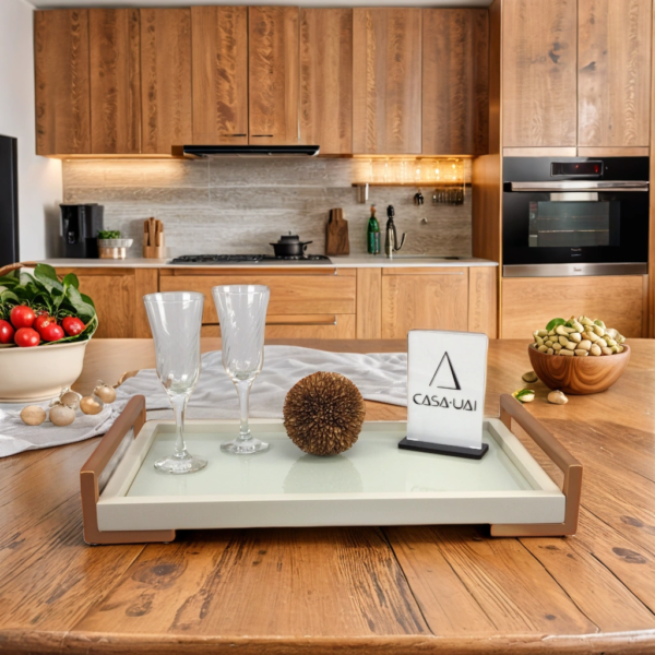 Bandeja com Vidro Off White 53x30 Alça Aço Carbono Elle Casa Uai - Imagem 2