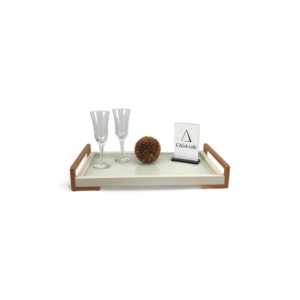 Bandeja com Vidro Off White 53x30 Alça Aço Carbono Elle Casa Uai