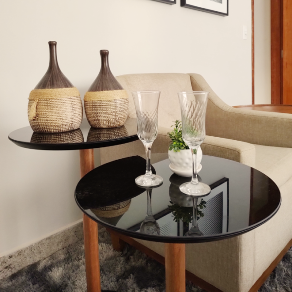 Conjunto Mesa Lateral Pé Reto Preta com Vidro Tokio 45cm x 72/60cm Cm Casa Uai - Imagem 2