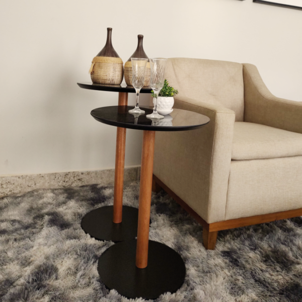 Conjunto Mesa Lateral Pé Reto Preta com Vidro Tokio 45cm x 72/60cm Cm Casa Uai - Imagem 3