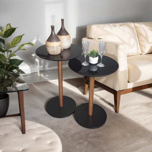 Conjunto Mesa Lateral Pé Reto Preta com Vidro Tokio 45cm x 72/60cm Cm Casa Uai - Imagem 4